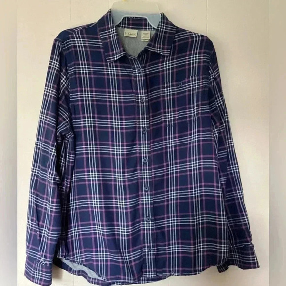 L.L. Bean Tops - LL Bean Jersey Lined Flannel Shirt Womens Medium Blue Purple 1Pocket Long Sleeve